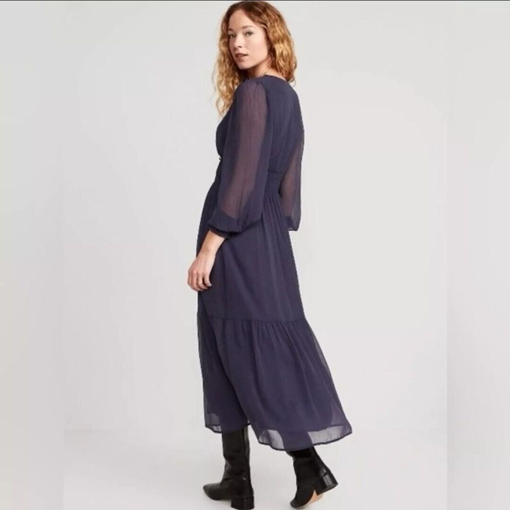 Old Navy Waist Defined Smocked Tie Front Maxi Chiffon Dress Navy Blue Sz XL NWOT - Picture 2 of 14